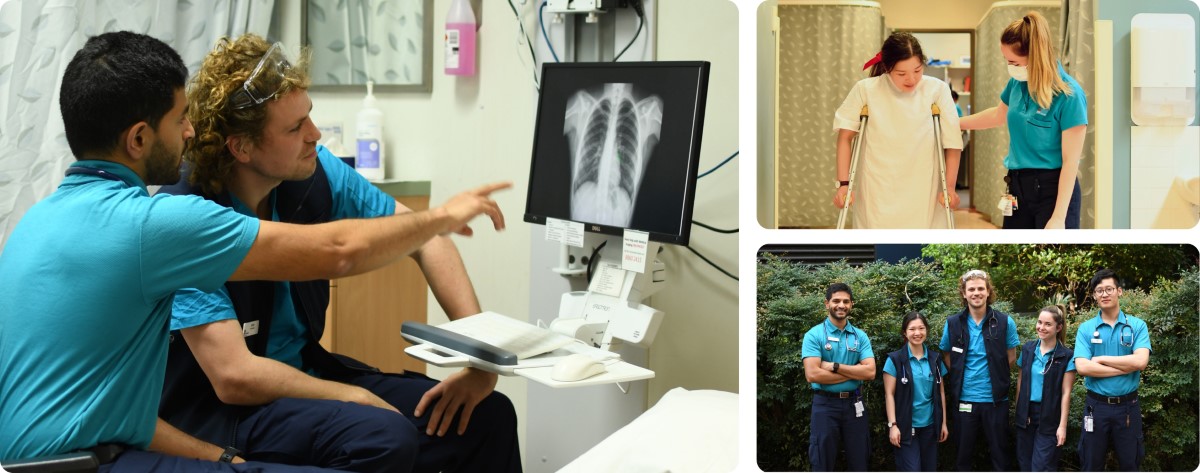 Grid with three pictures showing physiotherapists at work